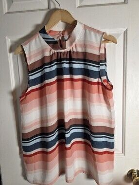 LOFT Striped Sleeveless Mock-Neck Top in Pink, Navy, Red, Brown Size Large